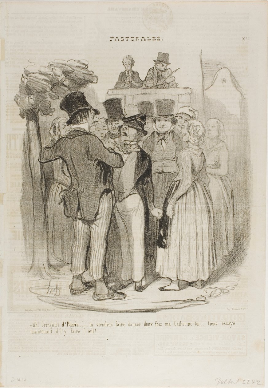 "- Zo, Gringalet uit Parijs! .... je zult twee keer dansen met mijn Catherine ...... probeer nu nog maar eens schapenogen naar haar te maken," plaat 27 uit Pastorales door Honoré Victorin Daumier