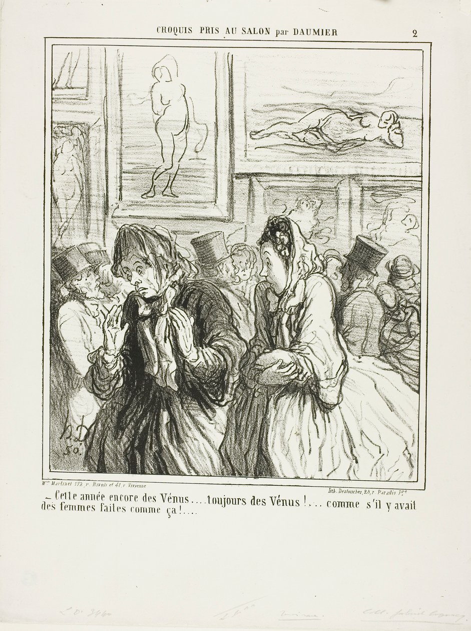 "- Nog meer Venussen dit jaar... altijd Venussen!... alsof er vrouwen zijn die zo gebouwd zijn!", plaat 2 uit Croquis Pris Au Salon par Daumier door Honoré Victorin Daumier
