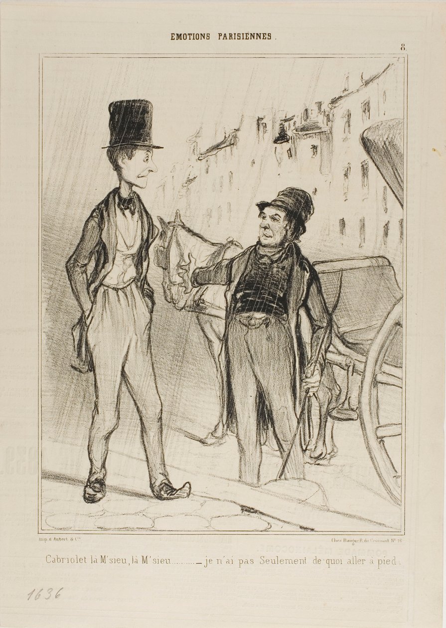 "- Taxi Monsieur Taxi - Ik heb niet eens genoeg om te lopen," plaat 8 uit Émotions De Parisiens door Honoré Victorin Daumier