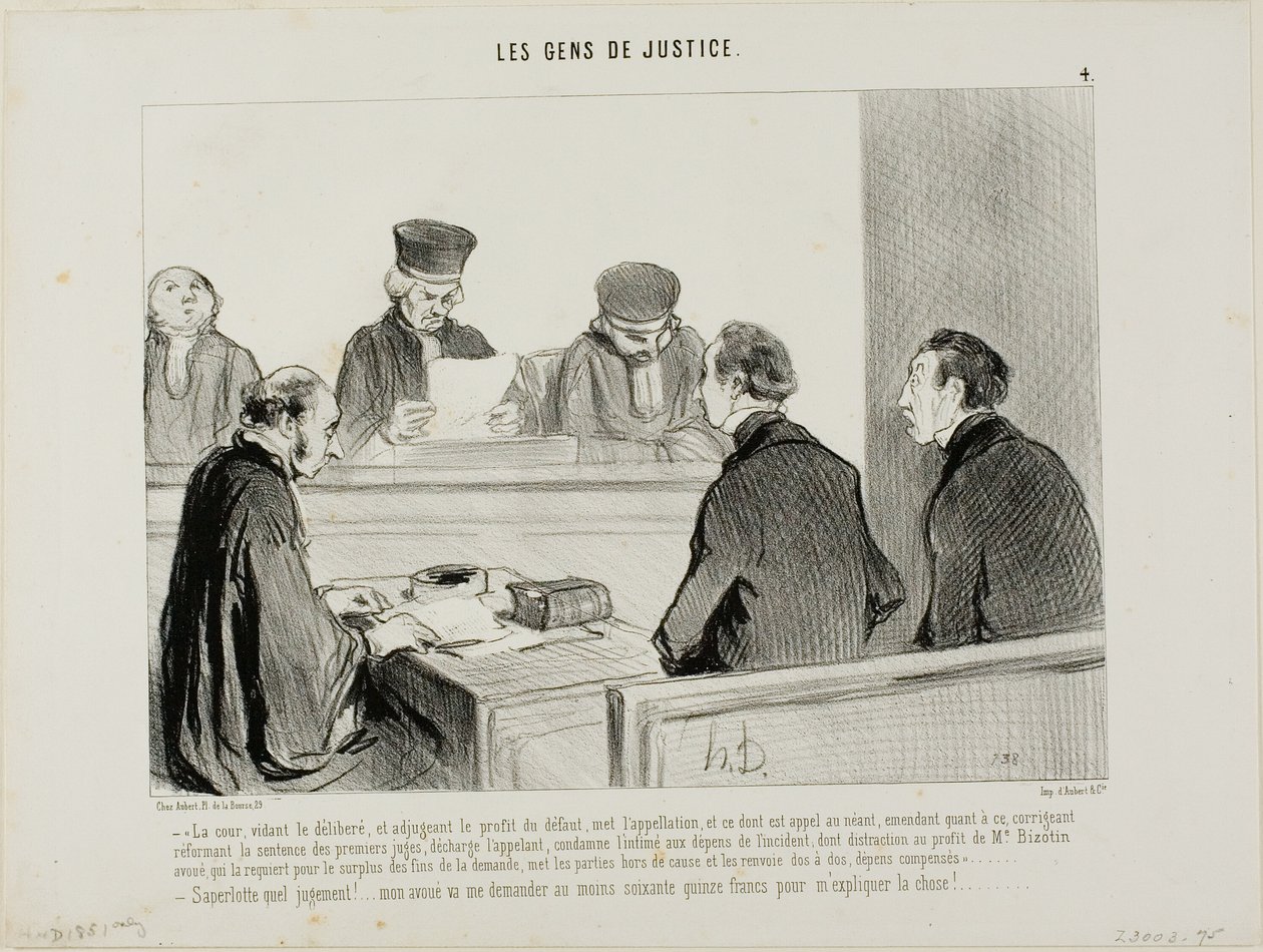 "- Het Hof, na afweging van het bewijs en verdeling van het voordeel dat voortvloeit uit het verzuim, heft de hogere voorziening en alle soortgelijke procedures op, verleent rekwirant kwijting en wijzigt het vonnis van de lagere rechter in de kosten van de door Honoré Victorin Daumier