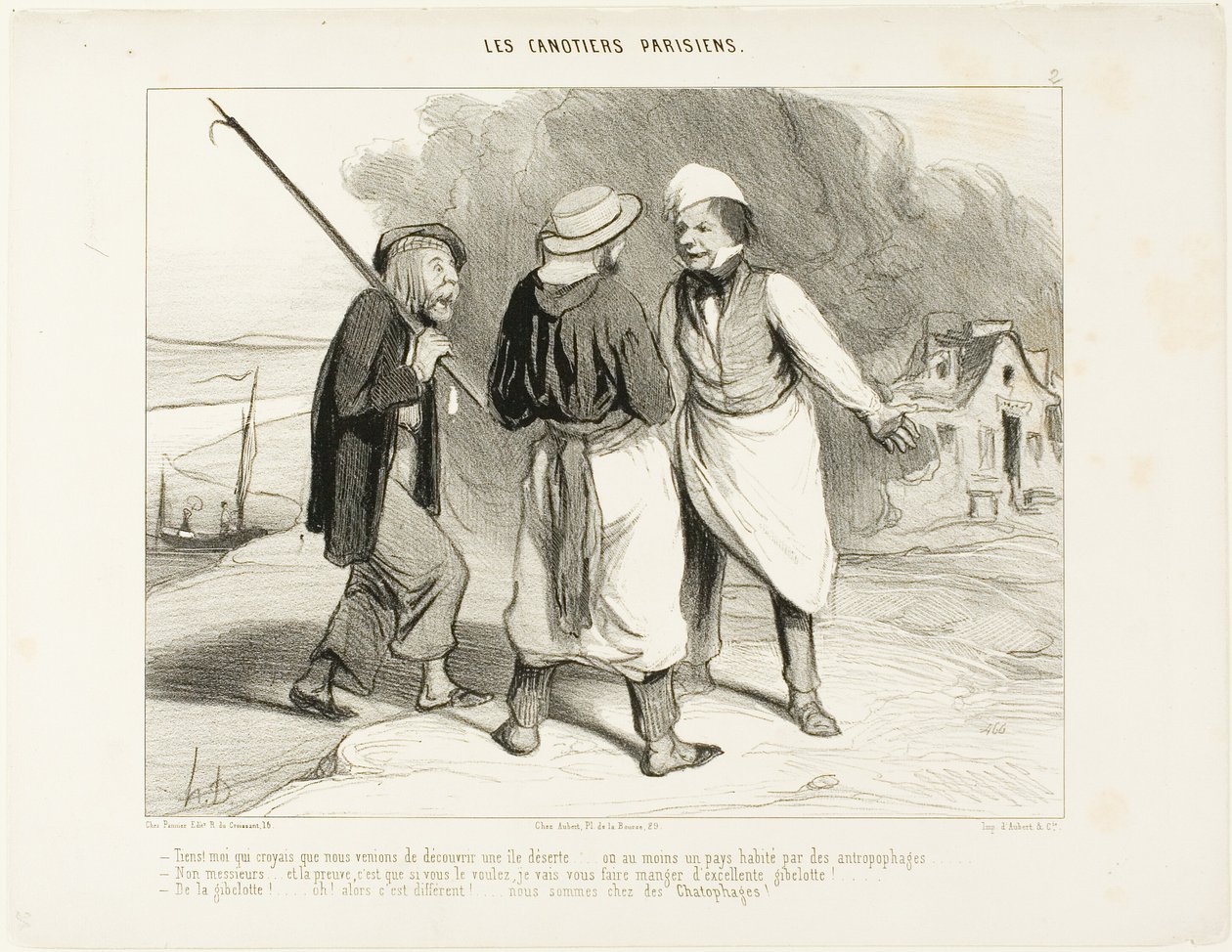 "- Nou, stel je voor! Ik dacht dat we net een verlaten eiland hadden ontdekt of op zijn minst een land bewoond door kannibalen. - Nee, Sir .... en het bewijs is dat, als je wilt, ik je een uitstekende fricassee van wild in een witte wijnsaus zal laten eten door Honoré Victorin Daumier