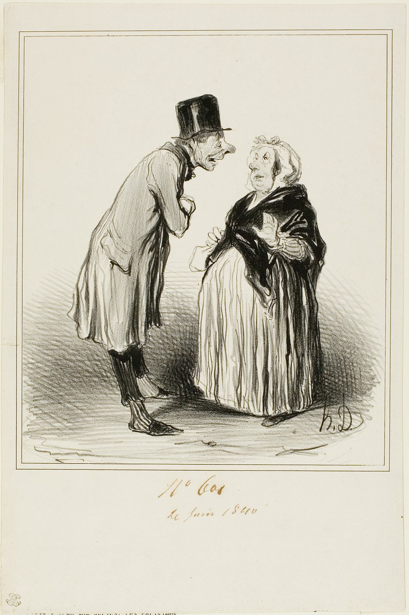 "- Nou ja, het is waar, de dochter van Mame Chopin is gisteren getrouwd met de zoon van Durand. Ik heb net met de jongeman gepraat en uit wat hij me vertelde (in volle vertrouwen), moet ze voor hem wel een paar rare hebben gehad...," plaat 6 uit Les Parisi door Honoré Victorin Daumier