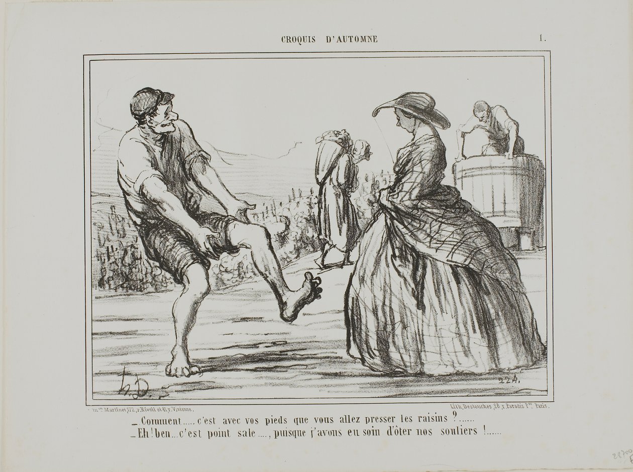 "- Wat Je perst de druiven met je voeten... - Tuurlijk, en het is helemaal niet vies... sinds ik mijn schoenen heb uitgedaan!", plaat 1 uit Croquis D
