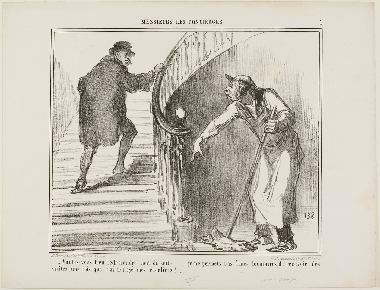 "Wilt u alstublieft onmiddellijk terugkomen... Ik sta niet toe dat mijn huurders bezoekers ontvangen nadat ik het trappenhuis heb schoongemaakt," bord 1 van Messieurs Les Concierges door Honoré Victorin Daumier