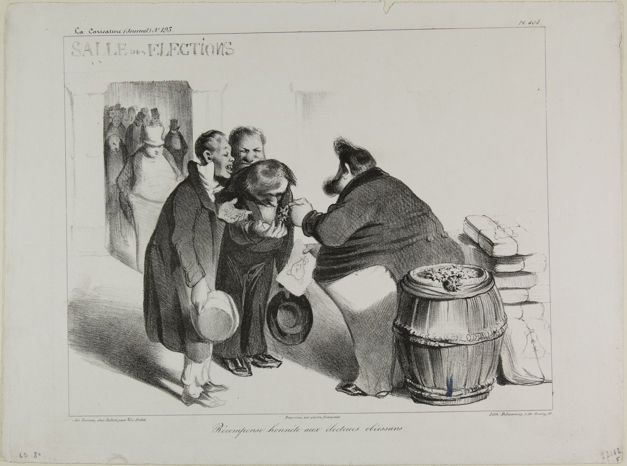 Een eerlijke beloning voor plichtsgetrouwe kiezers, plaat 404 door Honoré Victorin Daumier
