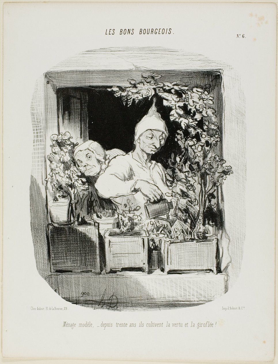 Een modelhuwelijk: Thirty Years They Have Cultivated Virtue and Carnations, plaat zes uit Les Bons Bourgeois door Honoré Victorin Daumier