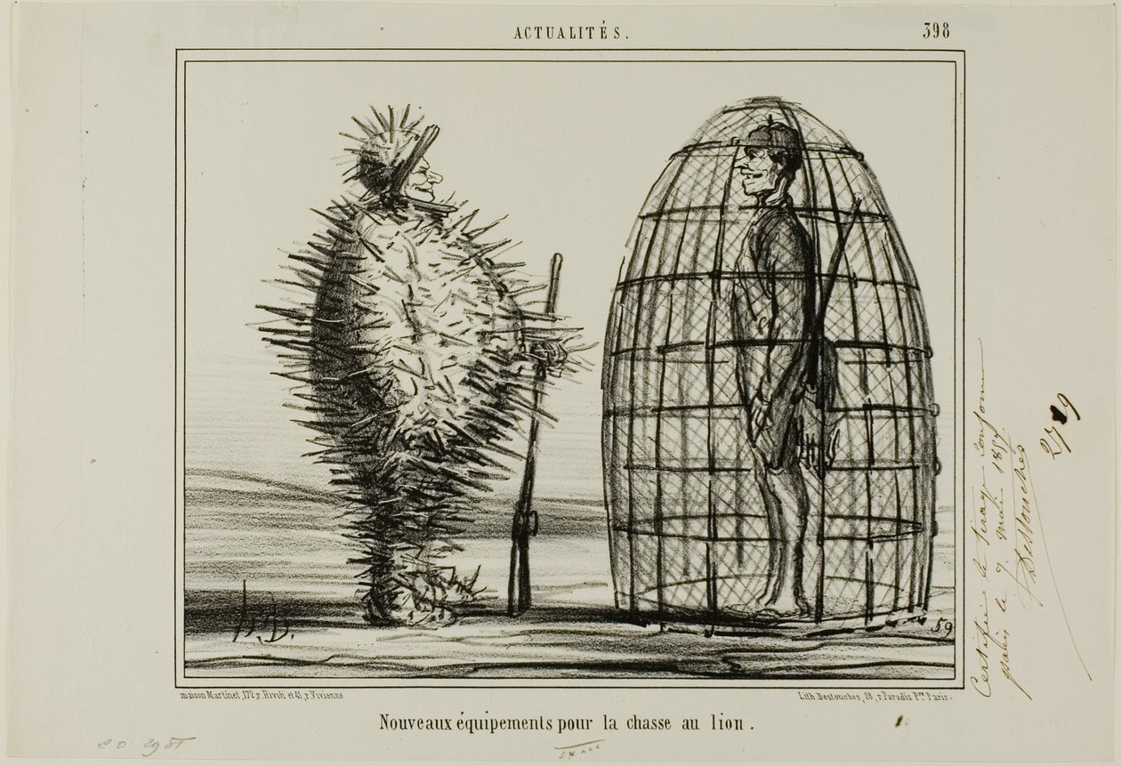 Een nieuwe outfit voor de leeuwenjacht, plaat 395 van Actualités door Honoré Victorin Daumier