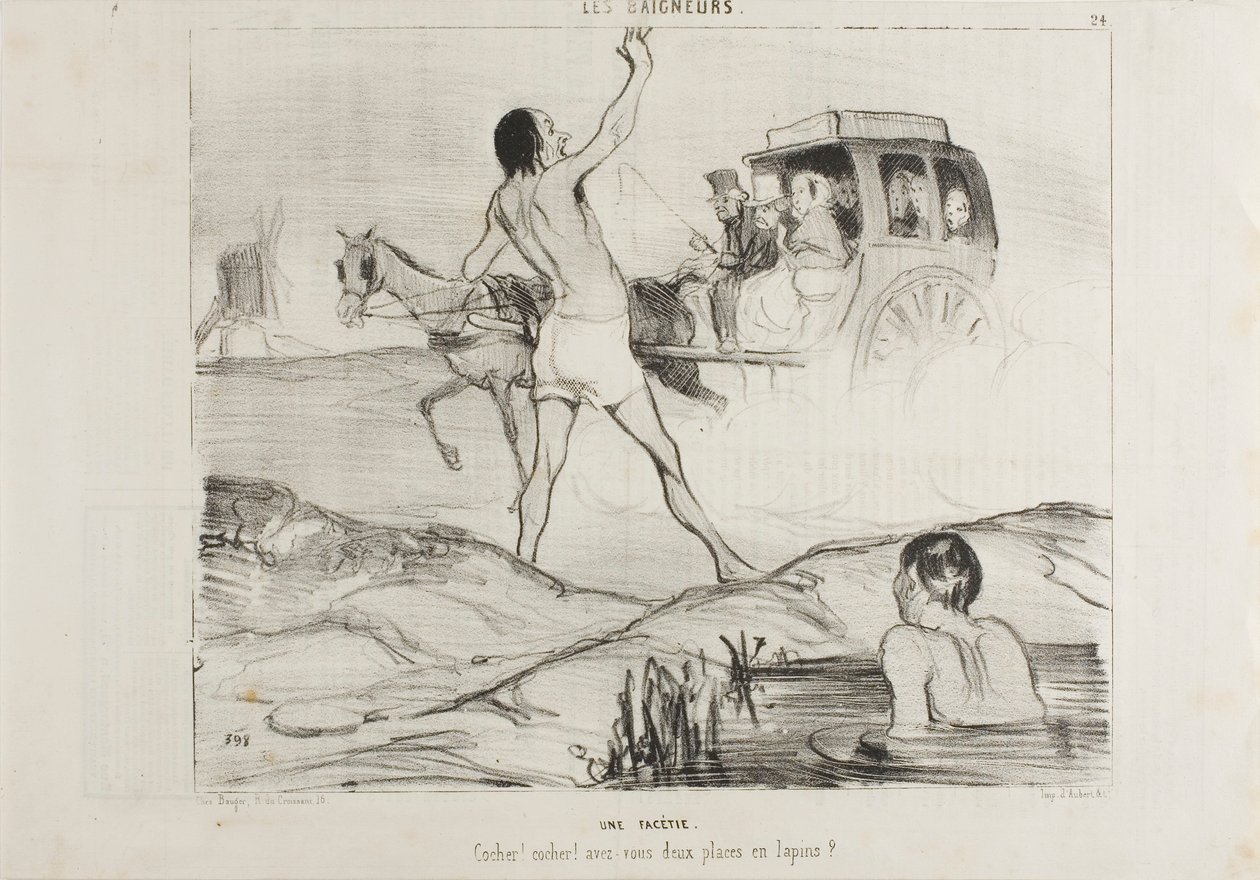 Een grapje uit de praktijk. "Chauffeur! Chauffeur! Heeft u nog twee zitplaatsen in de konijnenafdeling", plaat 24 van Les Baigneurs door Honoré Victorin Daumier