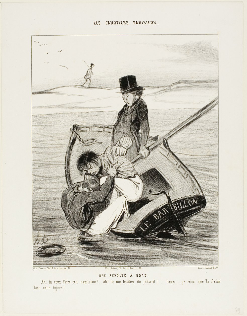 Een opstand aan boord. "- Ah! je wilt je eigen kapitein zijn!... - Ah! je behandelt me als een idioot... hé... Ik hoop dat de Seine die belediging wegspoelt!," plaat 13 uit Les Canotiers Parisiens door Honoré Victorin Daumier