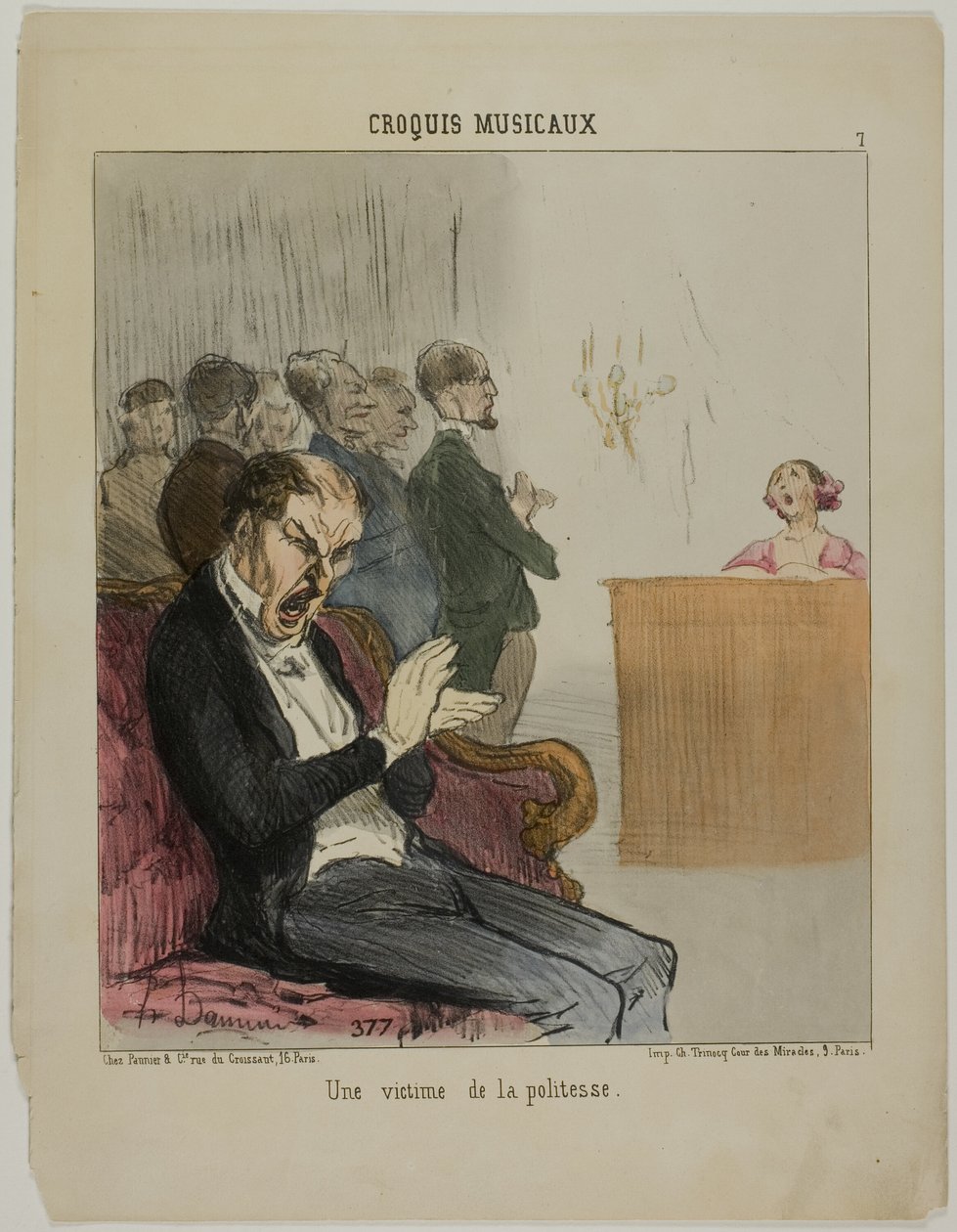 Een slachtoffer van zijn eigen beleefdheid, plaat 7 uit Croquis Musicaux door Honoré Victorin Daumier