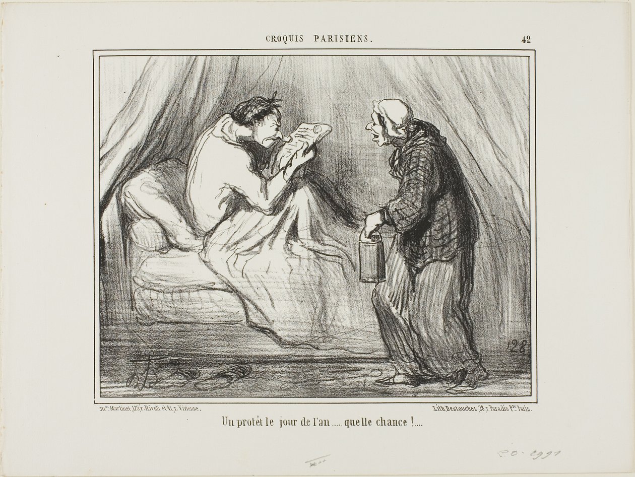 "Een protest op nieuwjaarsdag! Wat een geluk! ...........," plaat 42 van Croquis Parisiens door Honoré Victorin Daumier
