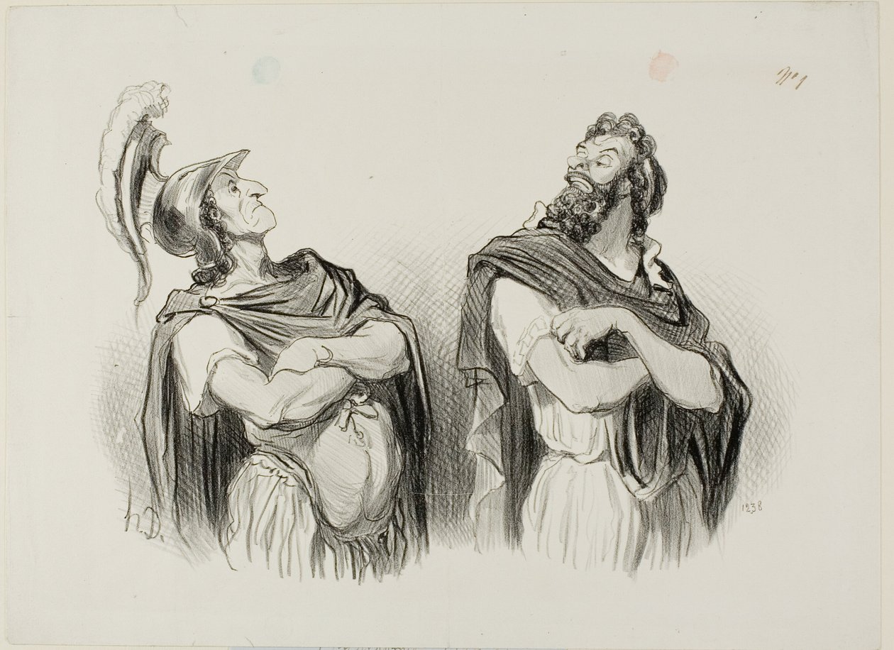 Achilles en Agamemnon. Achilles: "- En wat kan mij jouw Troje schelen!", plaat één uit Physionomies Tragiques door Honoré Victorin Daumier