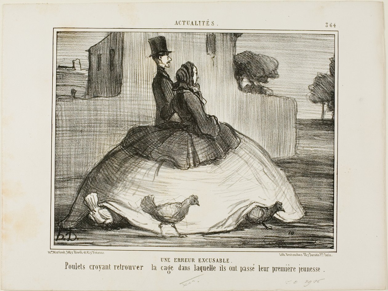 Een verschoonbare fout. Kippen die denken dat ze de kooi hebben gevonden waar ze hun vroege jeugd hebben doorgebracht, plaat 21 uit La Crinolomanie door Honoré Victorin Daumier