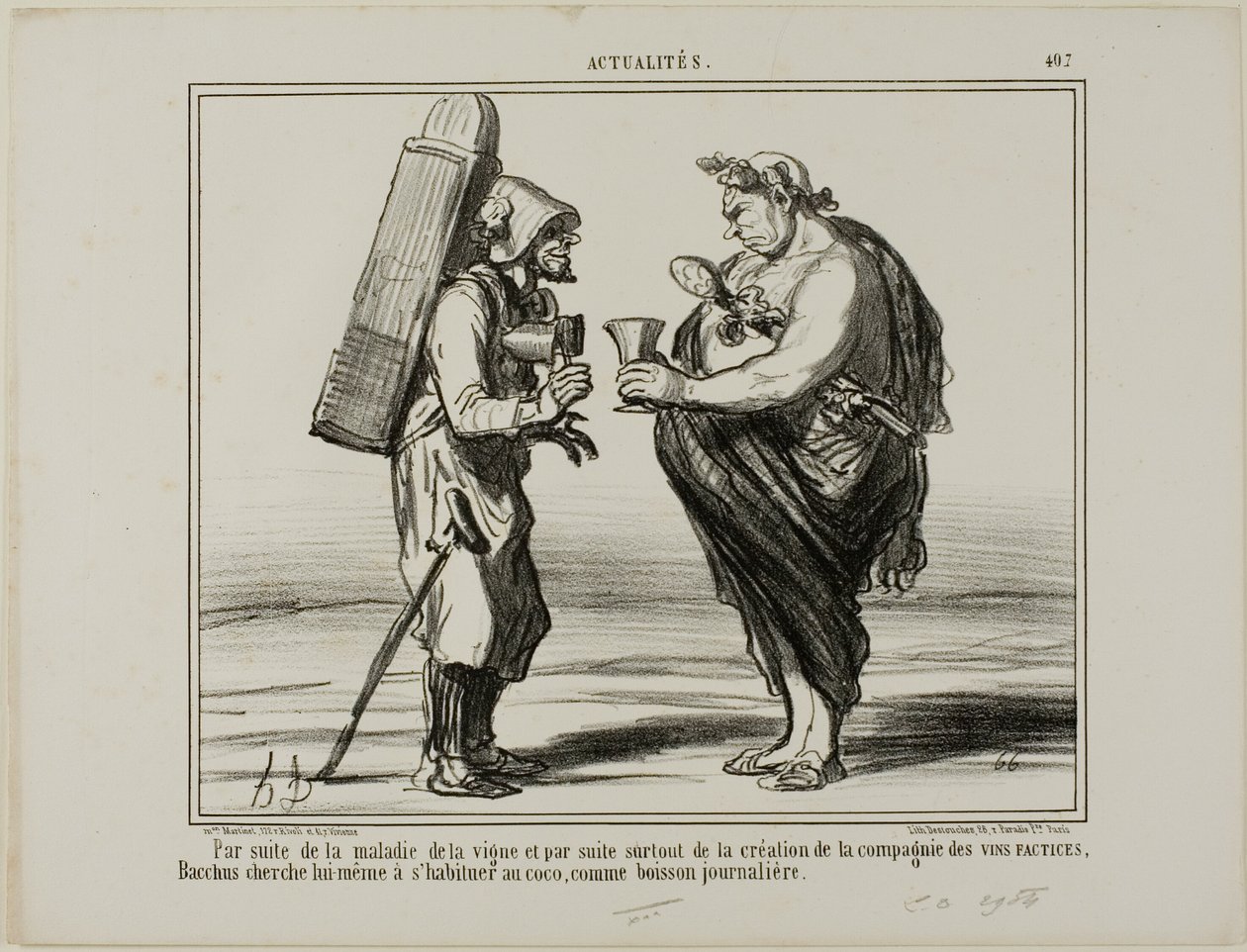 Als gevolg van de wijnziekte, maar ook door de oprichting van de "Society for the Production of Artificial Wine", besluit zelfs Bacchus over te stappen op kokoswater als dagelijkse drank, plaat 407 van Actualités door Honoré Victorin Daumier