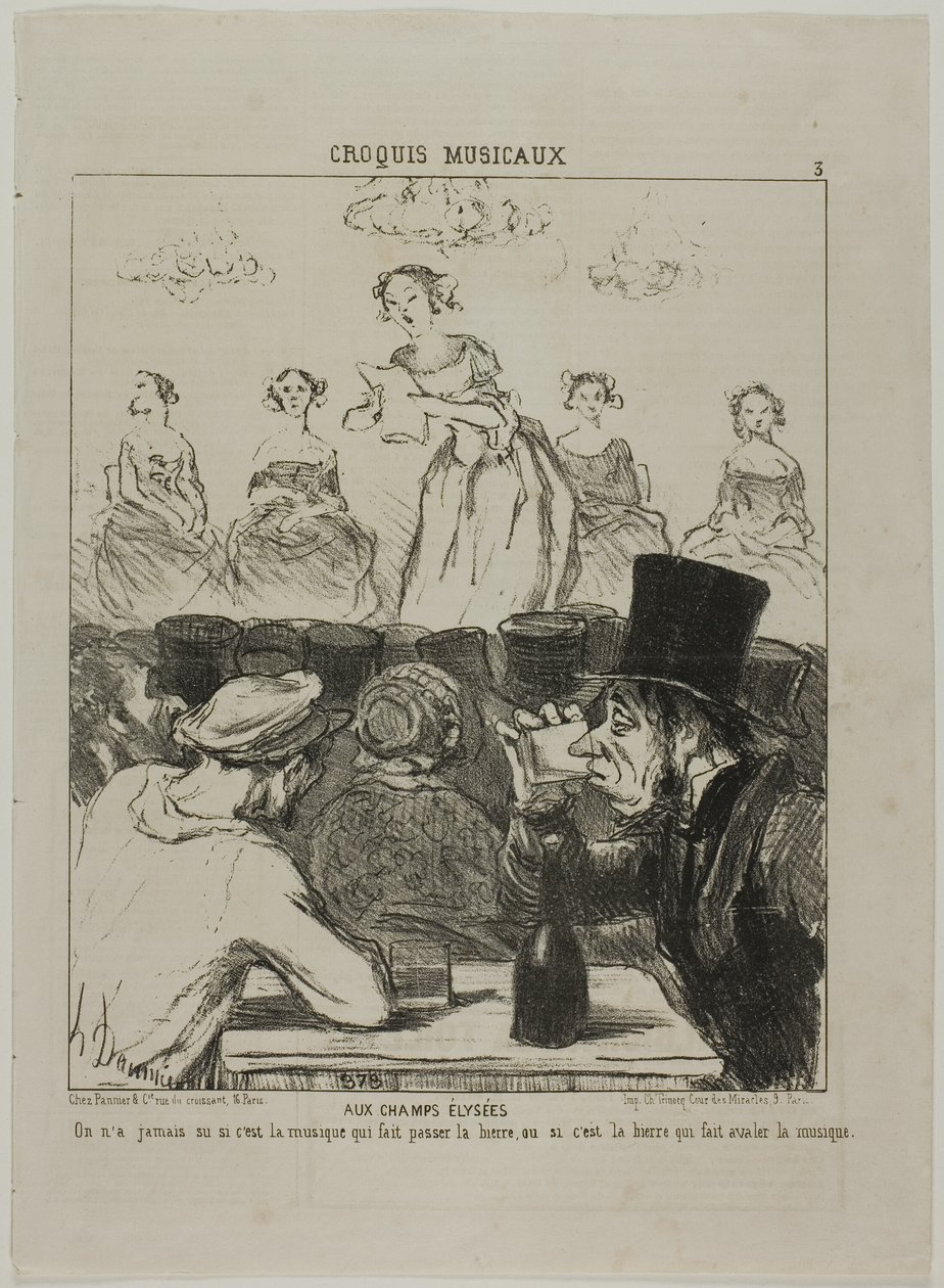 Op de Champs-Elysées. Het is nooit helemaal duidelijk geweest of de muziek het bier doet drinken, of het bier dat je de muziek doet slikken, plaat 3 van Croquis Musicaux door Honoré Victorin Daumier