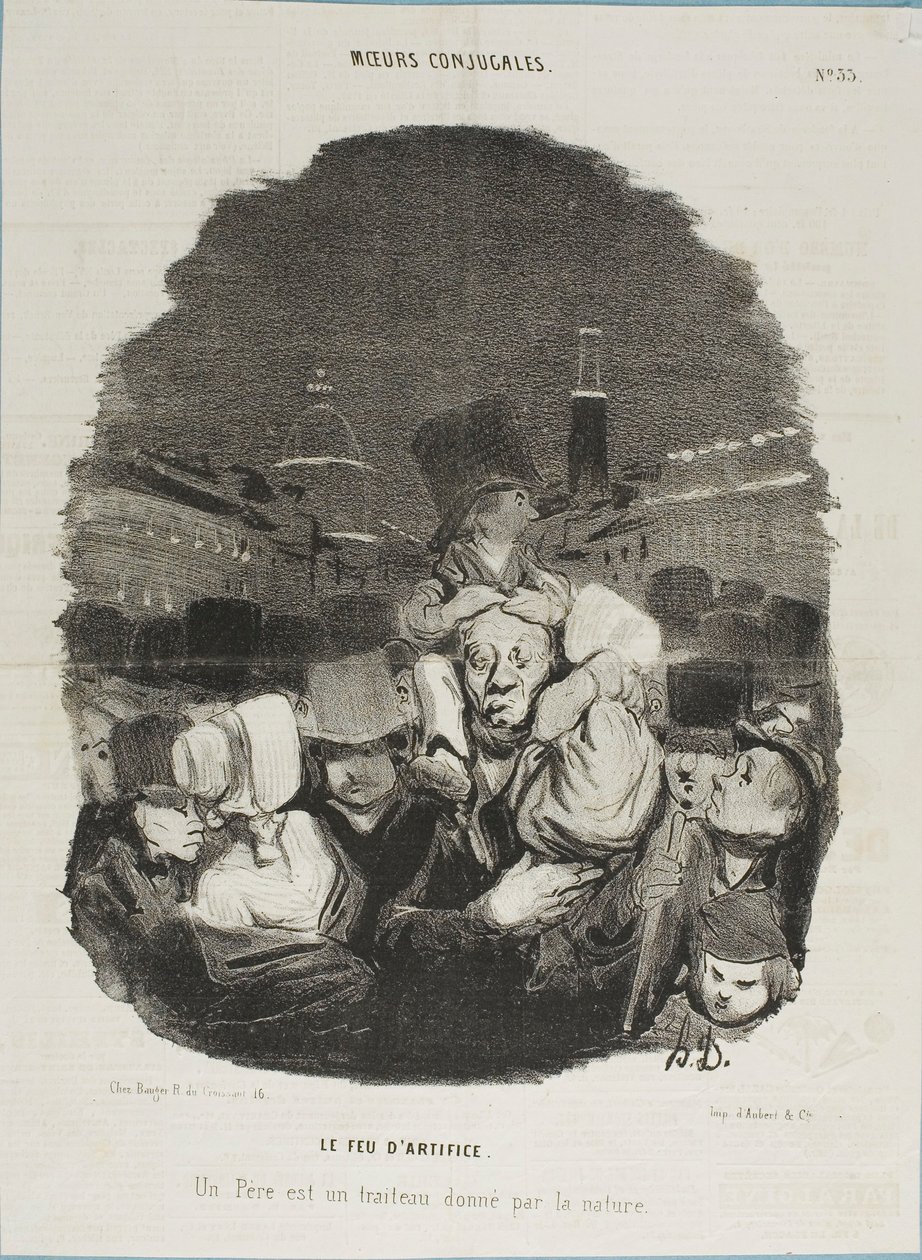 Bij het vuurwerk. Een vader is een trekpaard, geleverd door de natuur, plaat 33 uit Moeurs Conjugales en plaat 14 in Actualités door Honoré Victorin Daumier