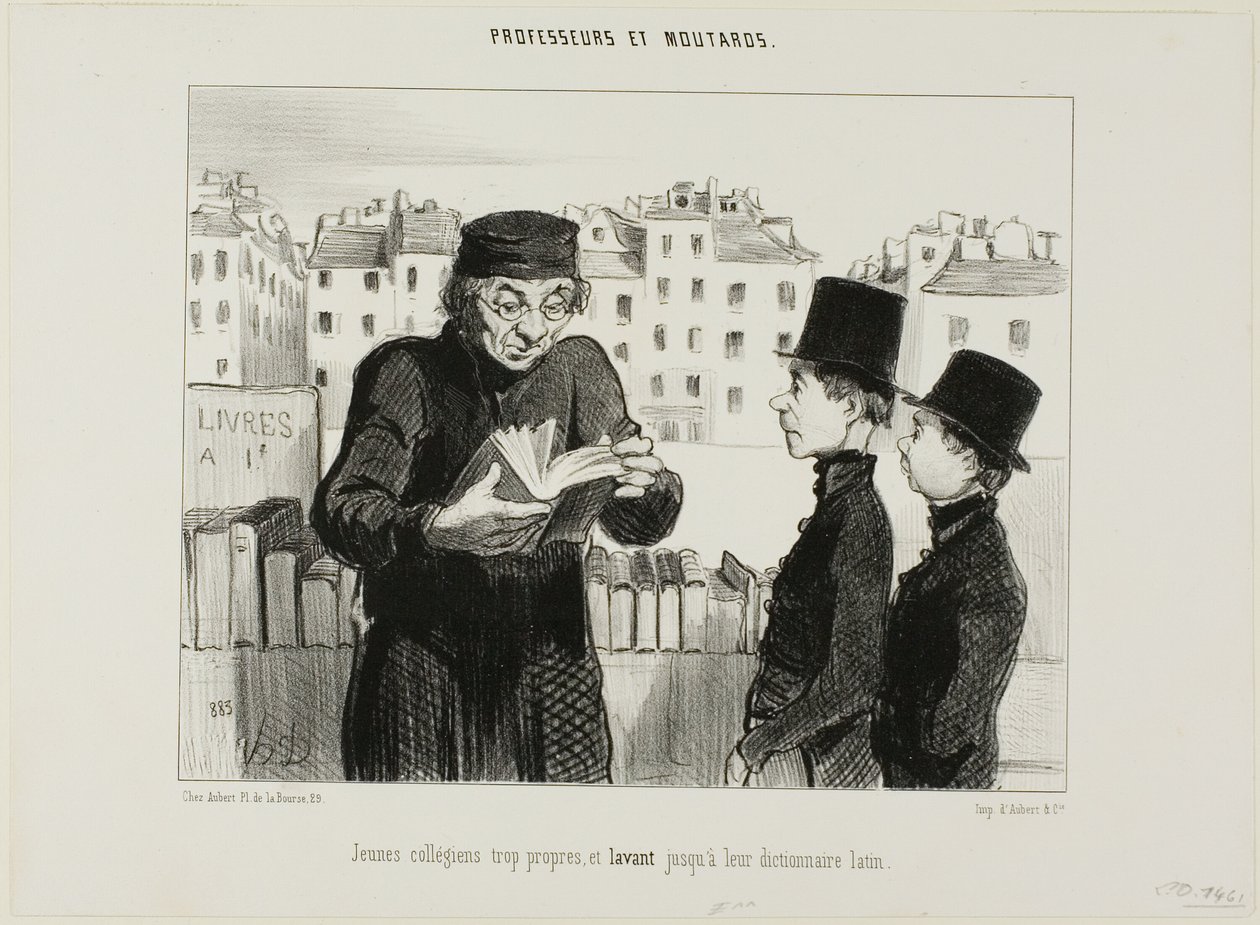 Schone jonge middelbare scholieren, ze proberen zelfs hun Latijnse woordenboek te verkopen, plaat 24 van Professeurs et Moutards (Professoren en deugnieten) door Honoré Victorin Daumier