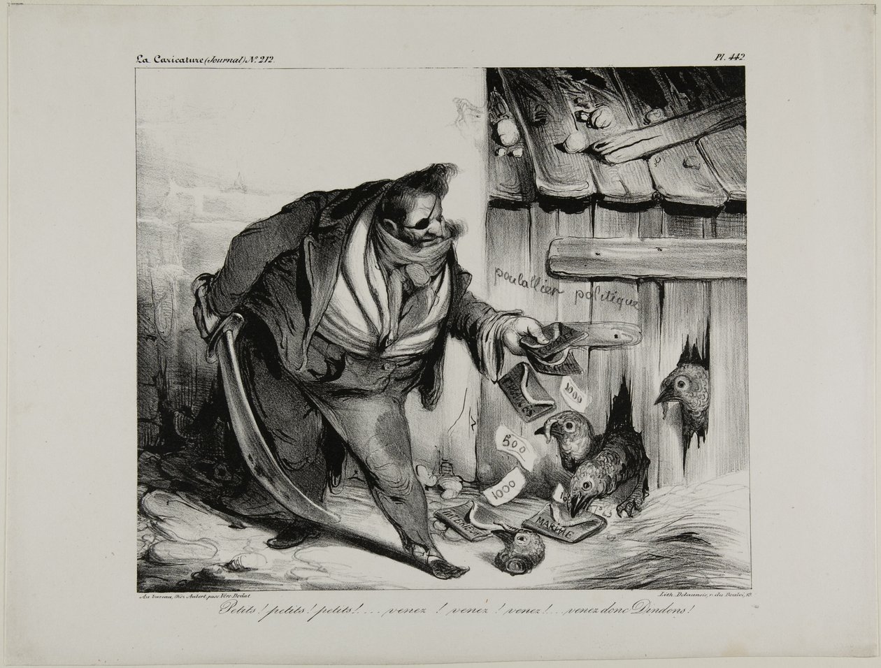 Kom hier Kuikentje, Chick..... Kuiken... Kuiken, kom kleine kalkoenen, bord 442 door Honoré Victorin Daumier