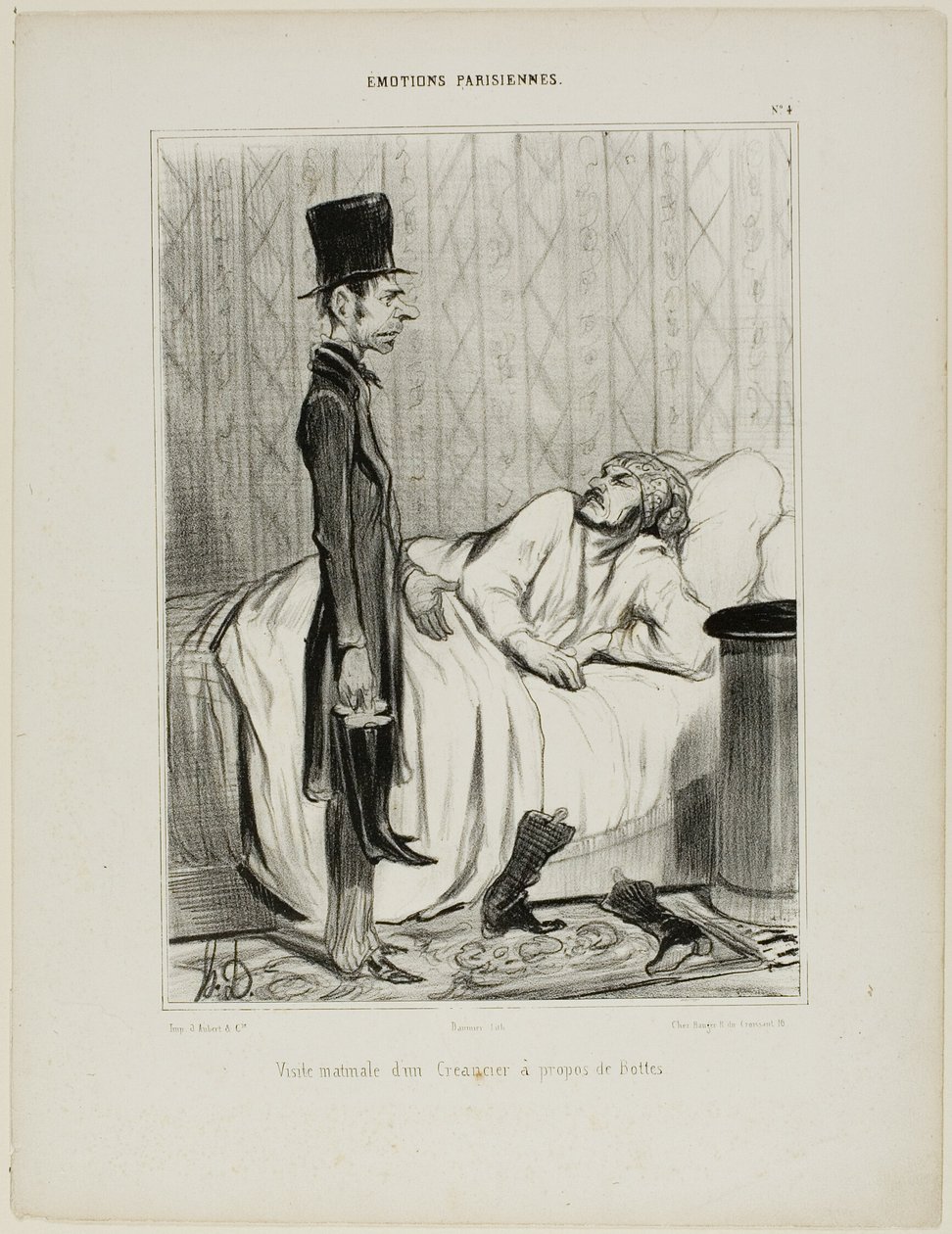 Vroege ochtend bezoek van een schuldeiser betreffende de laarzen, plaat 4 uit Émotions Parisiennes door Honoré Victorin Daumier