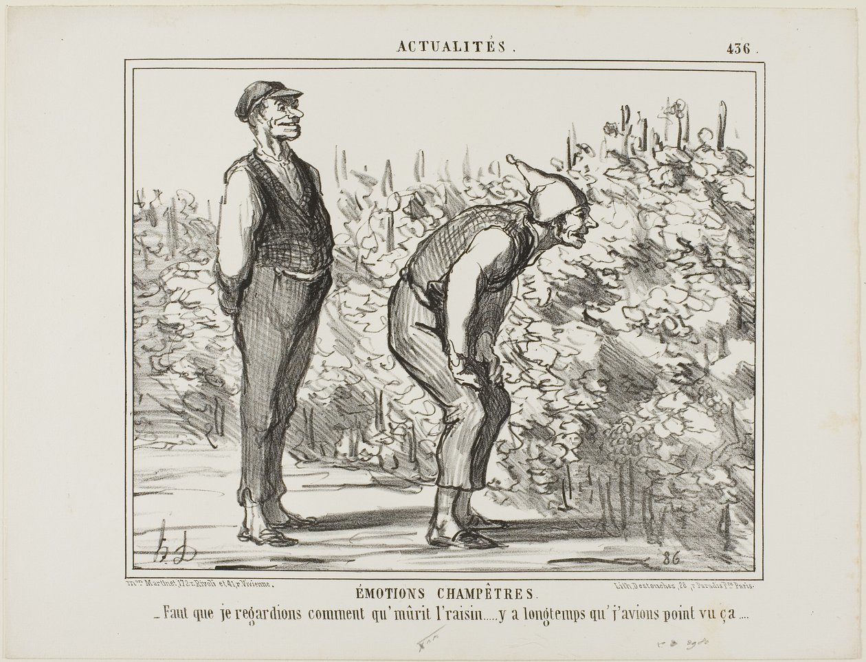 Emoties van het platteland. "- Moet zien hoe de wijn groeit... heb het nog nooit gezien...," plaat 436 uit Actualités door Honoré Victorin Daumier