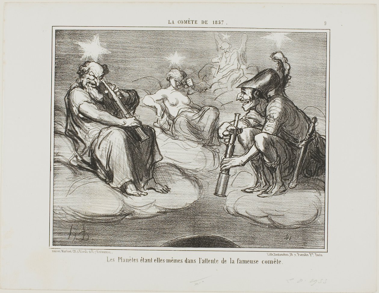 Zelfs de planeten kijken met interesse naar de aankomst van de beroemde komeet, plaat 9 uit La Cométe De 1857 door Honoré Victorin Daumier