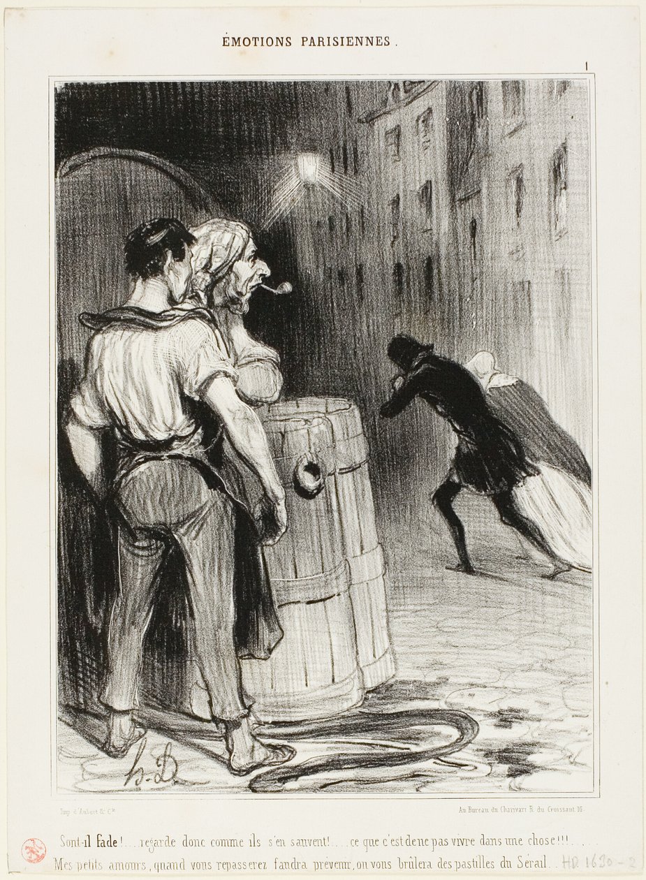 "Hoe dom! Kijk maar hoe ze rennen. Dat krijg je als je op de verkeerde plek bent. Wacht maar af! Vertel het ons de volgende keer van tevoren en we zullen goed voor je zorgen...," plaat 1 uit Émotions Parisiennes door Honoré Victorin Daumier