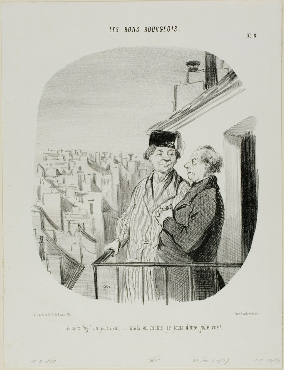 "Ik woon een beetje hoog... maar ik geniet tenminste van een prachtig uitzicht," plaat 8 uit Les Bons Bourgeois door Honoré Victorin Daumier