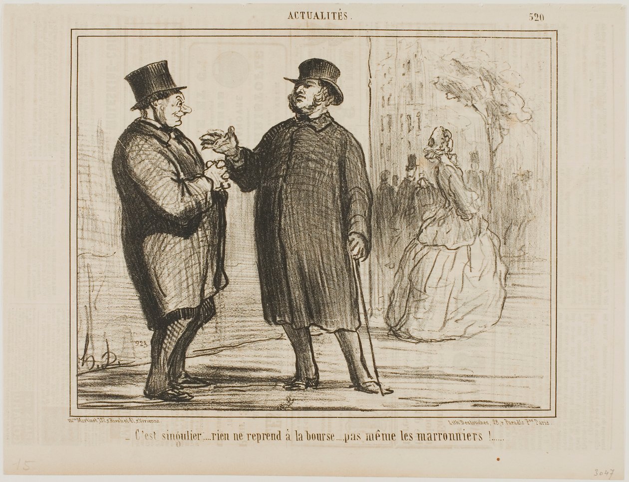 Het is vreemd: niets trekt aan op de beurs, zelfs de kastanjebomen niet!, plaat 520 van Actualités door Honoré Victorin Daumier