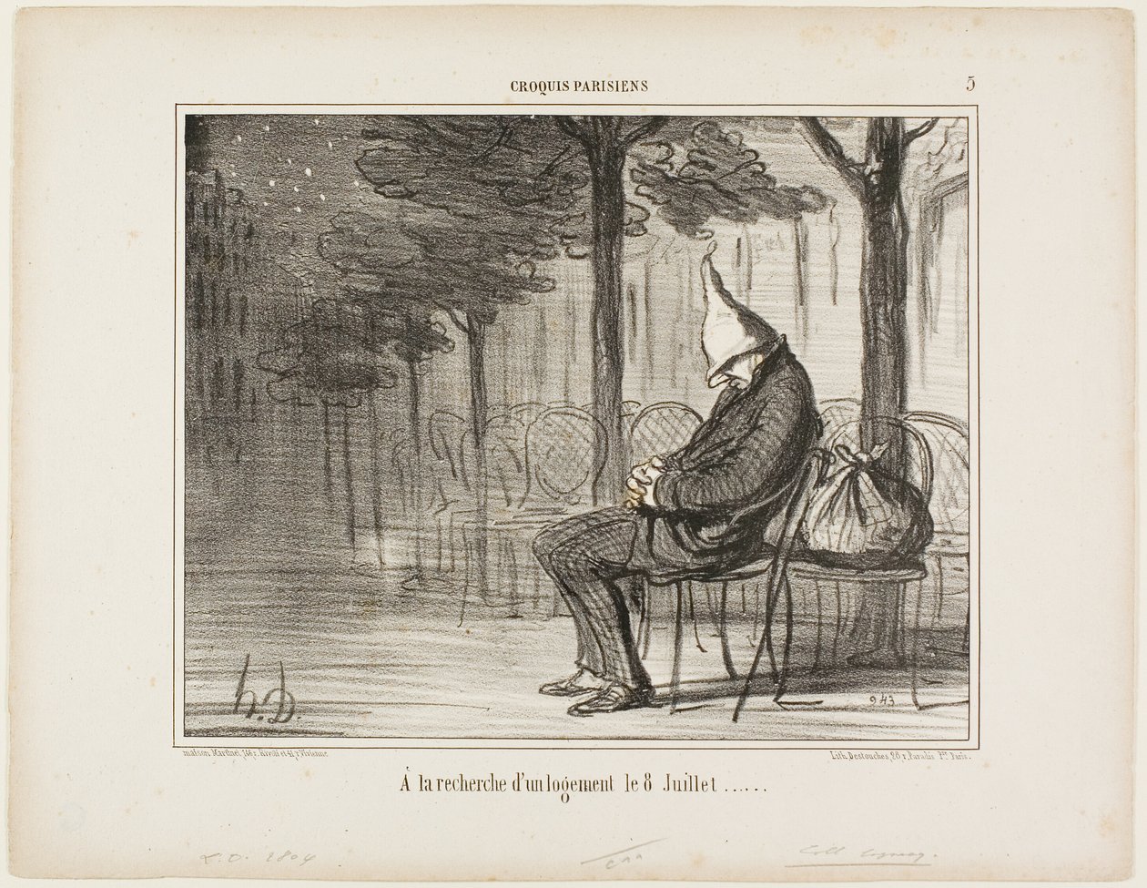 Op zoek naar een overnachting op 8 juli, plaat 5 van Croquis Parisiens door Honoré Victorin Daumier