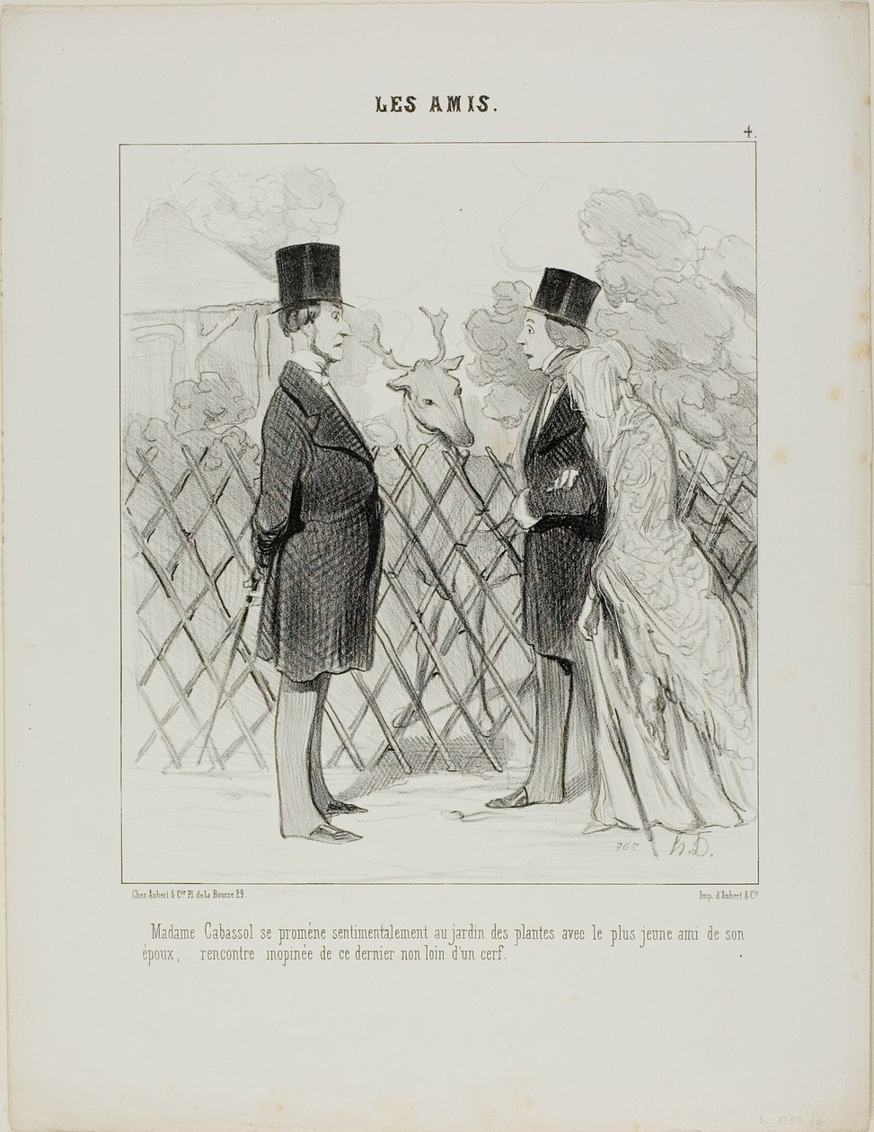 Madame Cabassol maakt een romantische wandeling in de botanische tuinen samen met de jongste vriend van haar man. Plotselinge ontmoeting met de laatste niet ver van een hert, plaat 4 uit Les Amis door Honoré Victorin Daumier