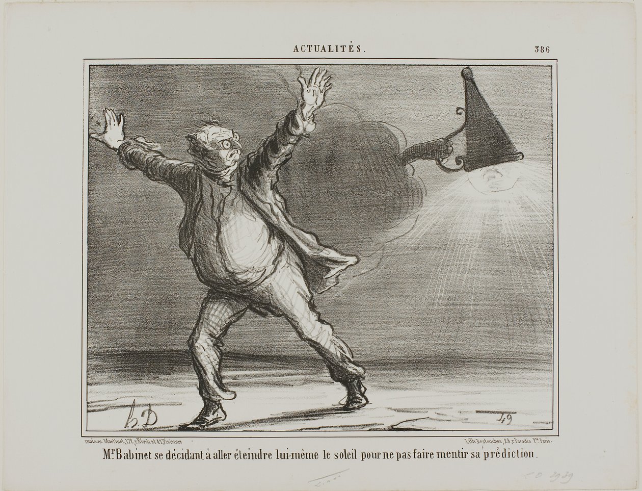 Monsieur Babinet besluit persoonlijk de zon uit te schakelen zodat zijn voorspellingen uitkomen, plaat 386 uit Actualités door Honoré Victorin Daumier