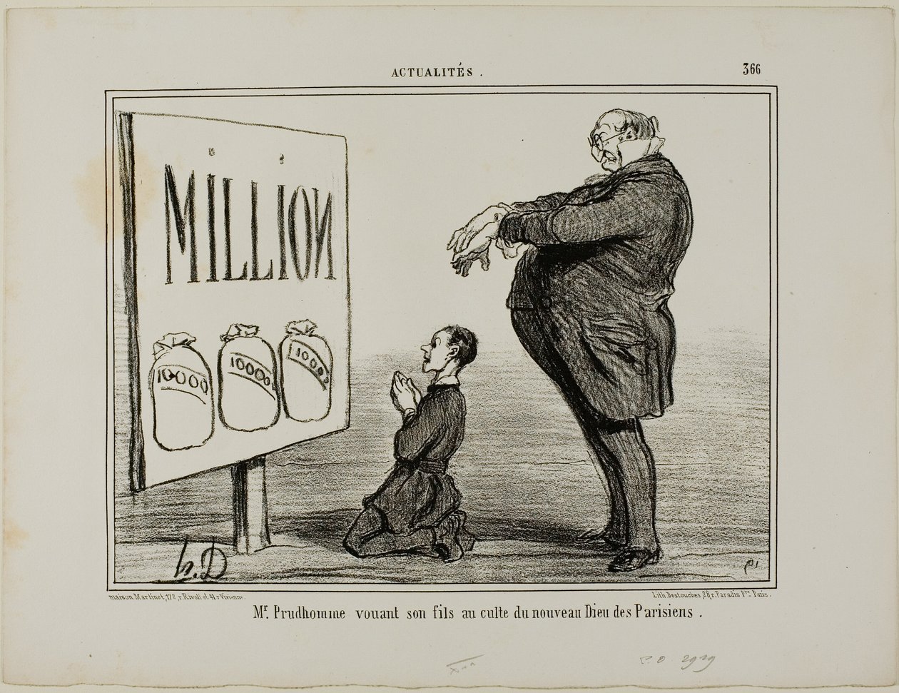 Mr. Prudhomme die zijn zoon opdraagt aan de nieuwe God van de Parijzenaars, plaat 366 uit Actualités door Honoré Victorin Daumier