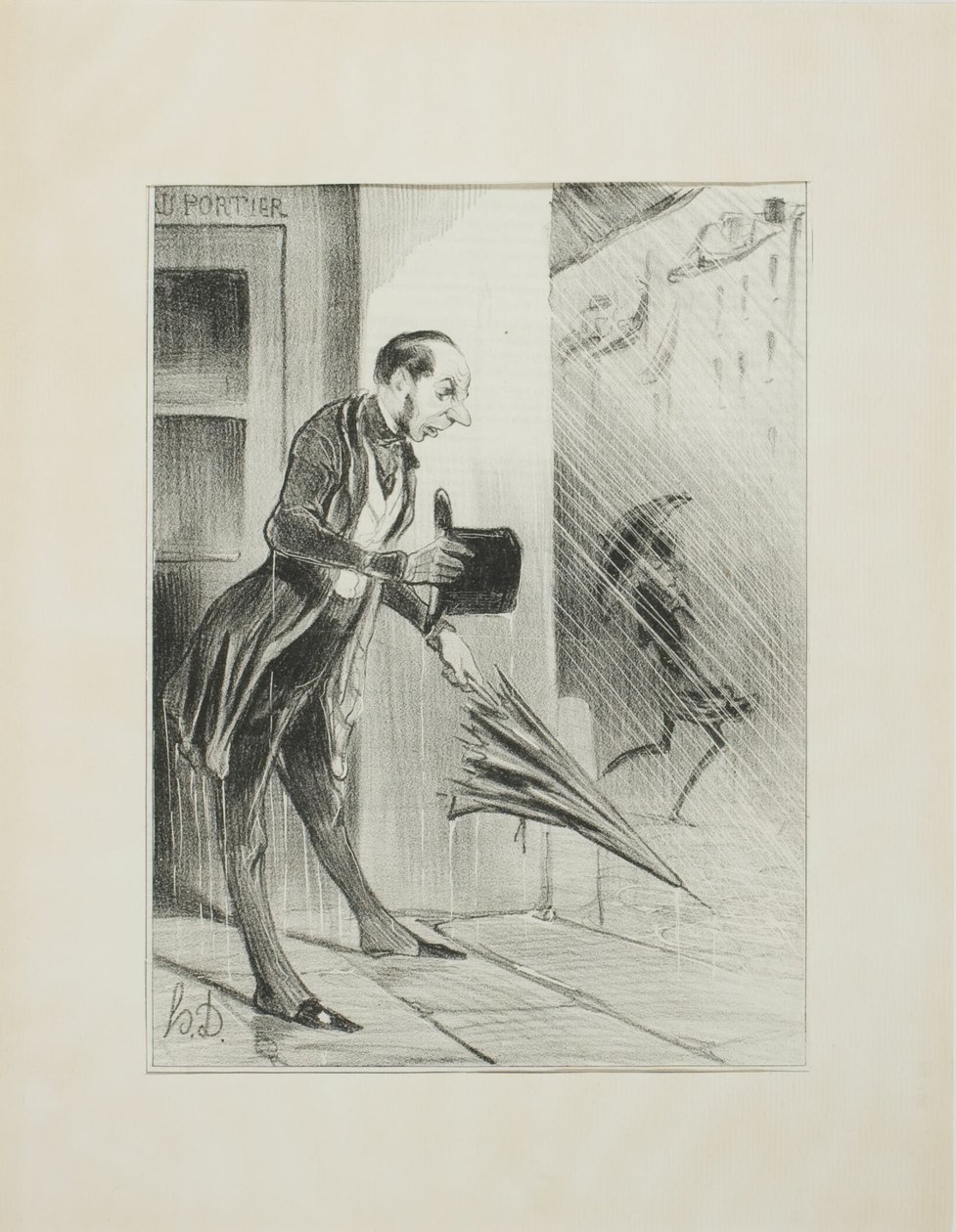Nieuwe gepatenteerde paraplu, met een verbeterd veersysteem, om snel te openen bij de geringste aanraking.(zie onze advertentie ter zake), plaat 33 van Émotions Parisiennes door Honoré Victorin Daumier