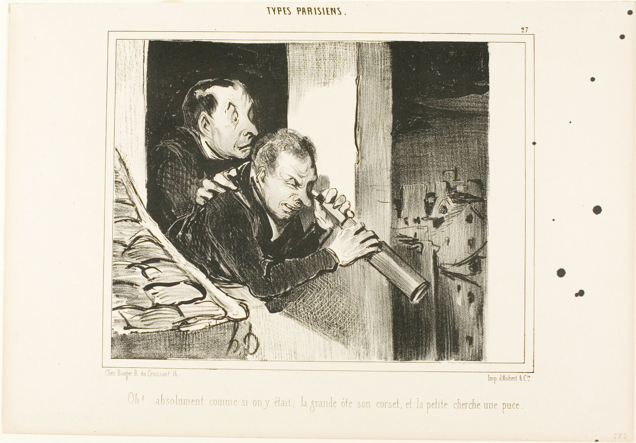 "Oh! Het is alsof we daar waren: de lange opent haar korset en de kleine zoekt een vlo!", plaat 27 uit Types Parisiens door Honoré Victorin Daumier