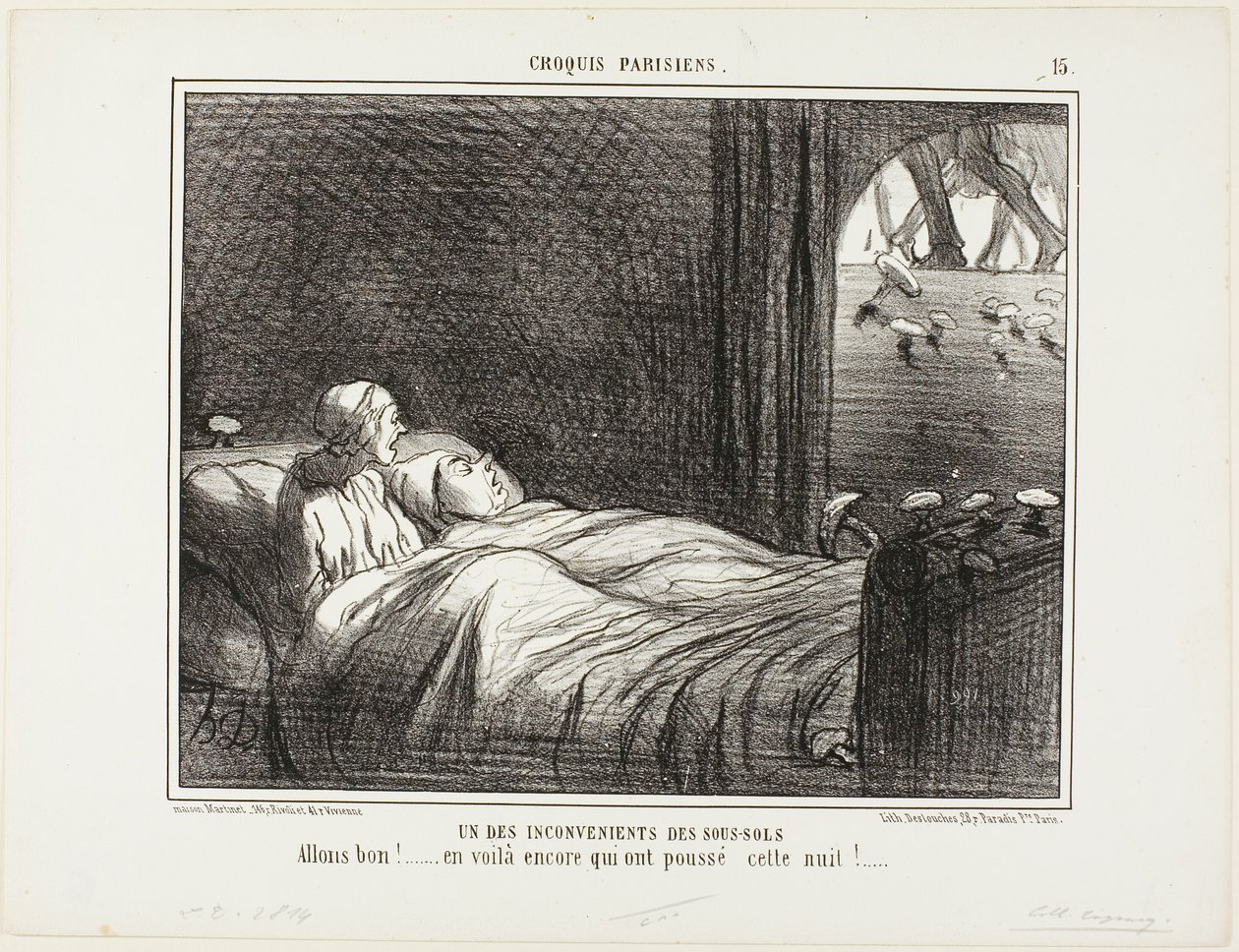 Een van de nadelen van wonen in de kelder. "Kijk, hier zijn er nog een paar die vannacht zijn gegroeid...," plaat 15 van Croquis Parisiens door Honoré Victorin Daumier