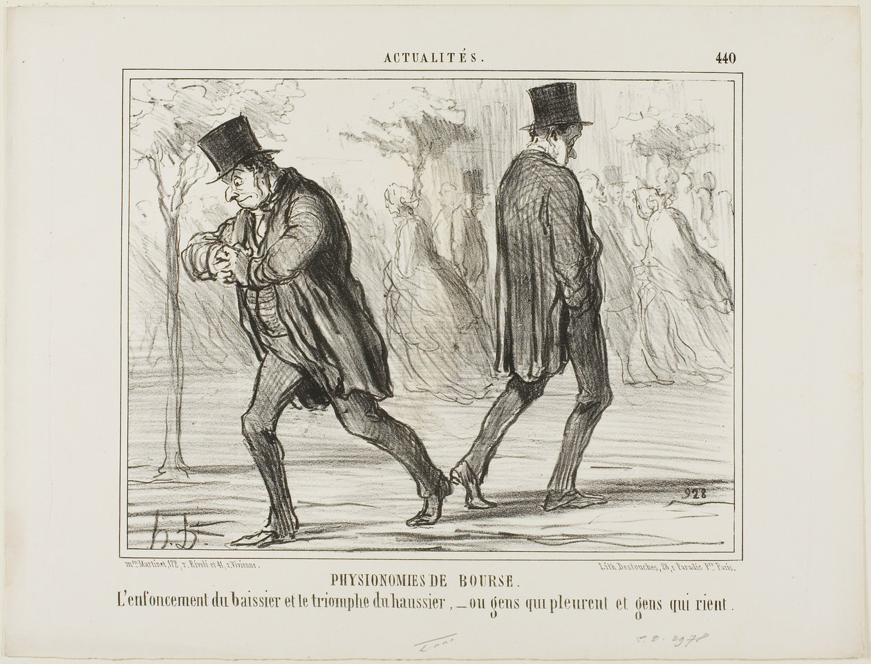Fysionomie van de beurs. De wanhoop van de baissier en de triomf van de haussier - of huilen en lachen, plaat 440 uit Actualités door Honoré Victorin Daumier