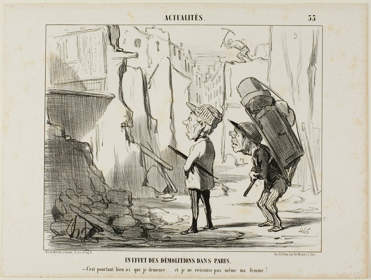 Resultaat van het slopen van gebouwen in Parijs. "- Hier woonde ik tenslotte .... en ik kan zelfs mijn vrouw niet meer vinden," bord 55 van Actualités door Honoré Victorin Daumier