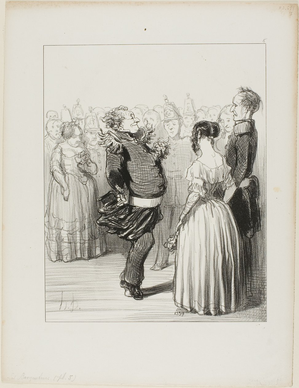 Rifolard opent de bal en voert een gedurfde danspas naar voren uit, die alom wordt geprezen, bord 5 van Les Banqueteurs door Honoré Victorin Daumier