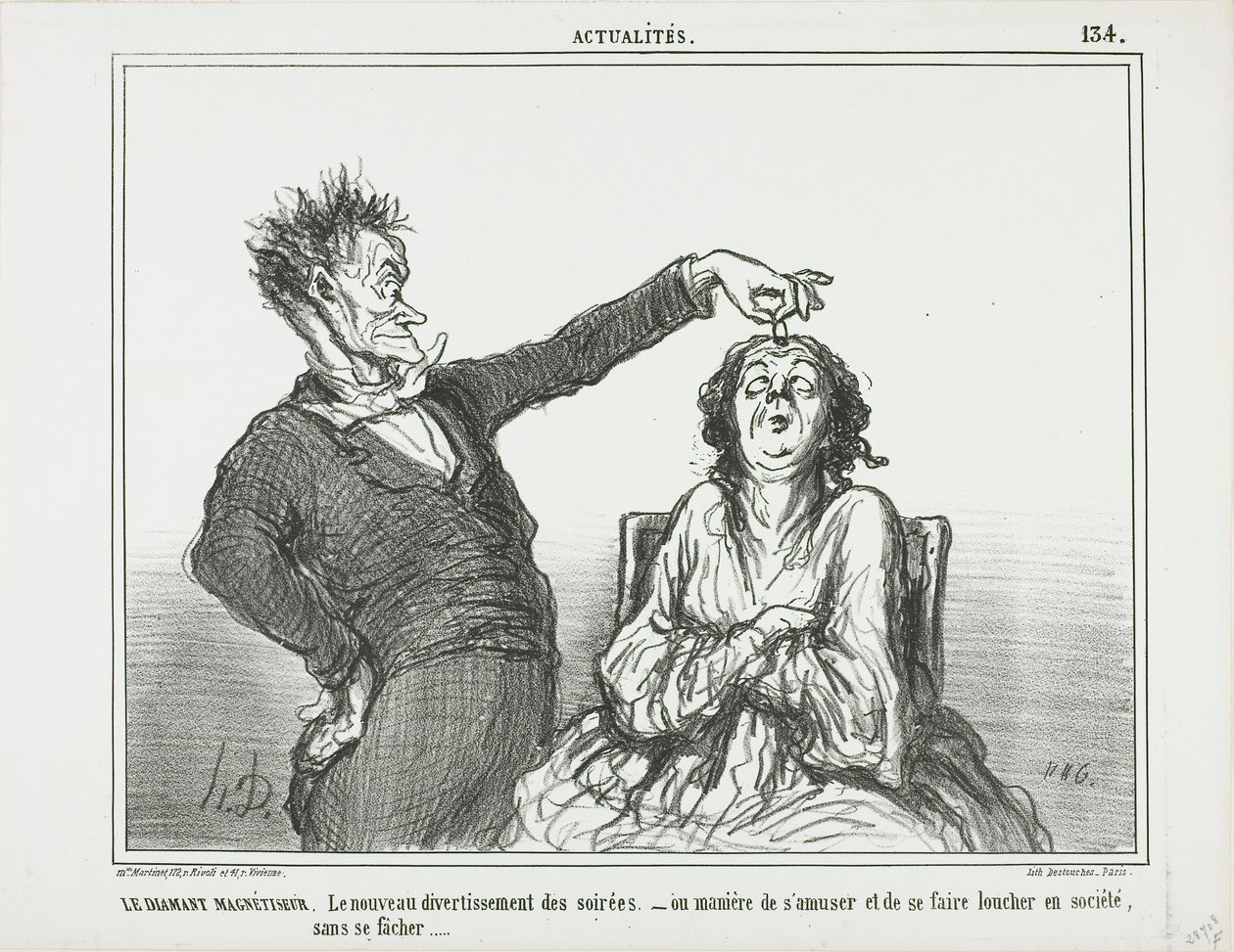 De diamanten hypnotiseur. Een nieuw tijdverdrijf op avondfeesten - of hoe je plezier kunt maken en iemand kunt laten scheelzien, zonder in de problemen te komen, plaat 134 van Actualités door Honoré Victorin Daumier