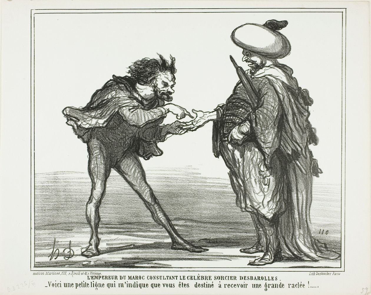 De keizer van Marokko in overleg met de beroemde magiër Desbarolles. "- Deze kleine lijn hier geeft voor mij aan dat je een koninklijke aframmeling gaat krijgen!", plaat 126 uit Actualités door Honoré Victorin Daumier