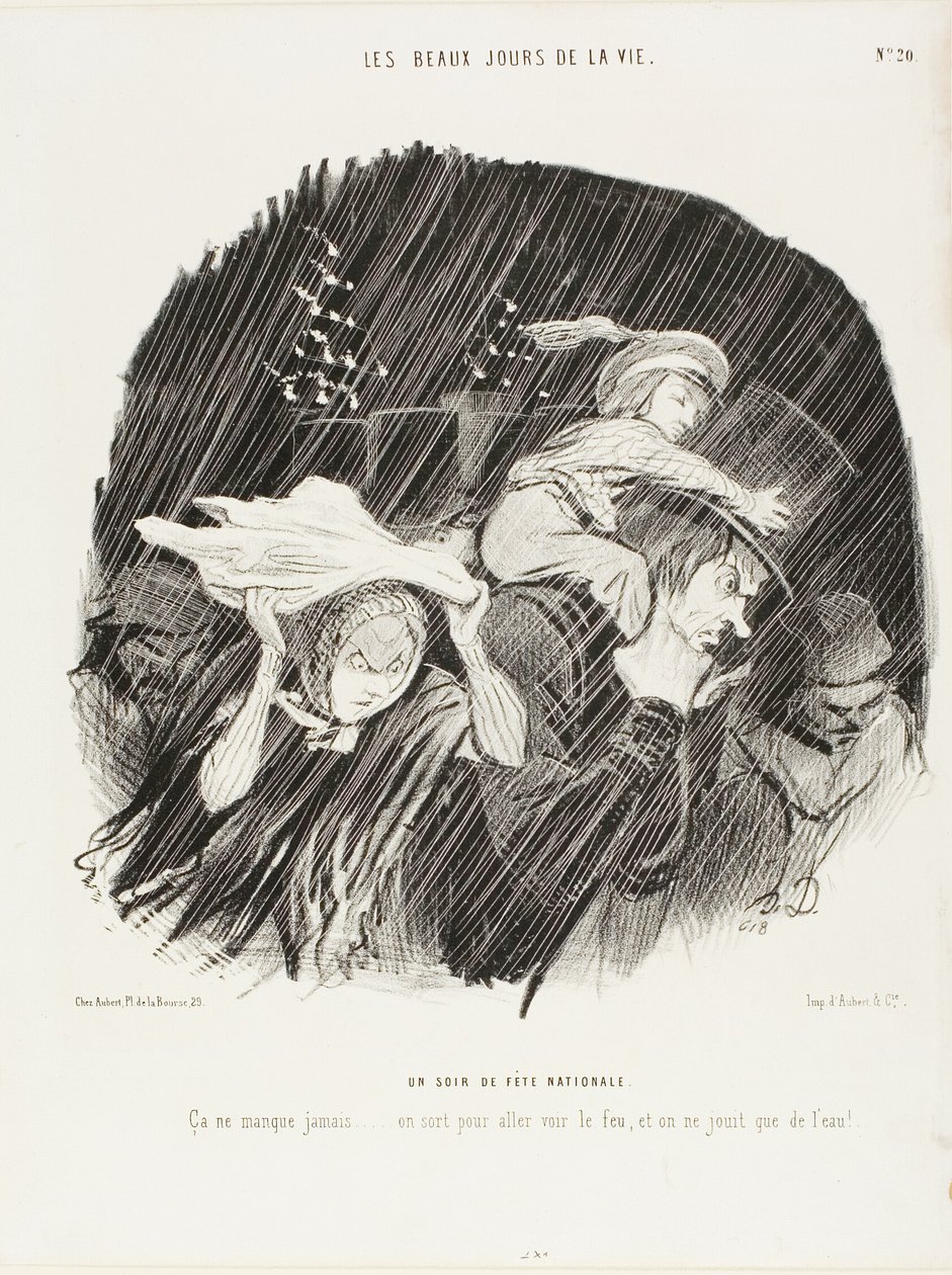 De avond van de nationale feestdag. Het mislukt nooit... je gaat naar buiten om naar het vuurwerk te kijken en het enige wat je krijgt is waterwerk!, plaat 20 uit De beste dagen in het leven door Honoré Victorin Daumier