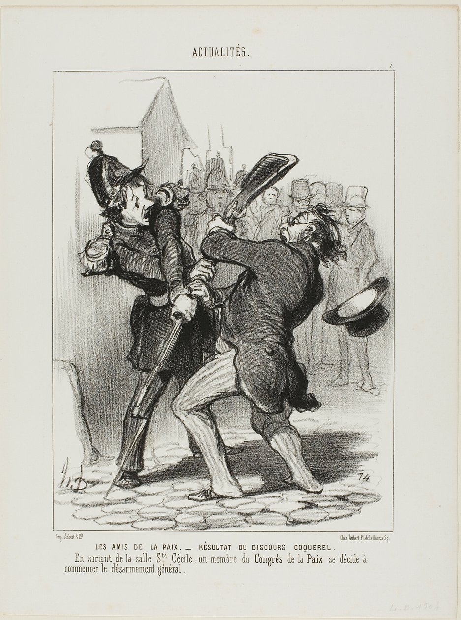 De Vrienden van de Vrede - Resultaat van een toespraak van Coquerel. Bij het verlaten van de wijk Saint Cécilia besloot een lid van het vredescongres tot een algemene ontwapening, plaat 7 uit Actualités door Honoré Victorin Daumier