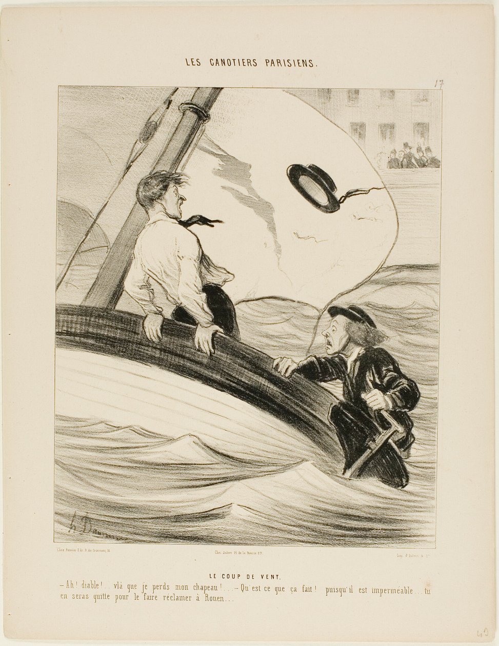 De windvlaag. "- Oh blast! Ik ben mijn hoed kwijt! - Maak je geen zorgen.... want het is waterpoef.... je zult geen probleem hebben om hem terug te vinden in Rouen!," plaat 17 uit Les Canotiers Parisiens door Honoré Victorin Daumier