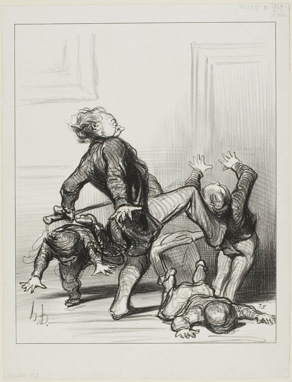 De invloed van het Vredescongres. "Oh jullie schurken, jullie vechten weer... jullie weten nog steeds niet dat de mens in vrede moet leven en meester over zichzelf moet zijn," plaat 8 uit Actualités door Honoré Victorin Daumier
