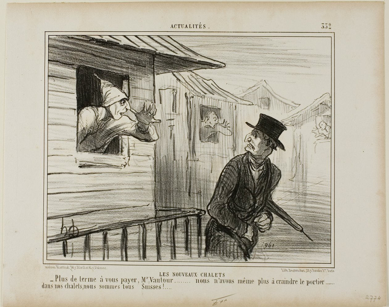 De nieuwe blokhuizen. "- Geen huur meer te betalen, Monsieur Vautour... en we zijn niet meer bang voor de conciërge ..... in onze chalets zijn we allemaal Zwitsers," plaat 332 uit Actualités door Honoré Victorin Daumier