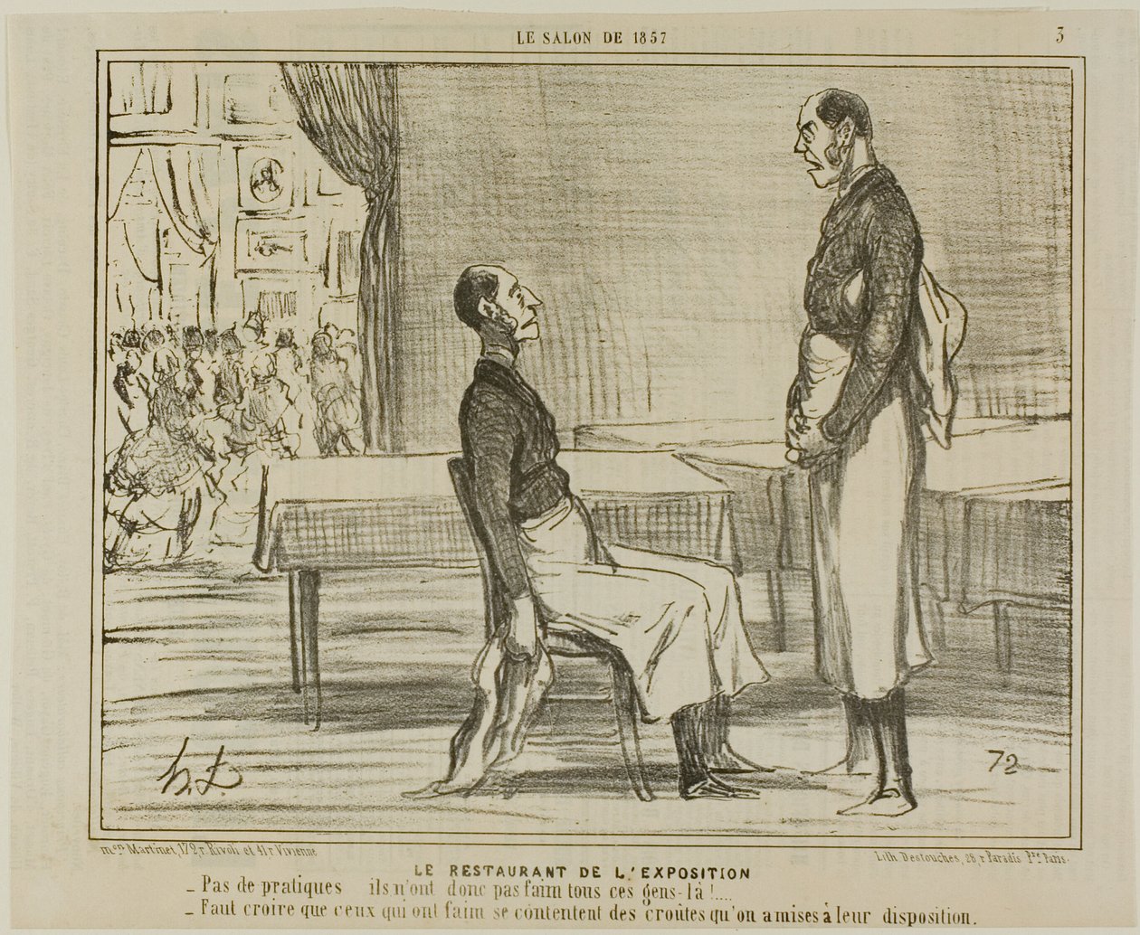 Het restaurant bij de tentoonstelling. "- Helemaal geen klanten... hebben deze mensen geen honger - Ik denk dat de hongerigen de hapjes eten die ze aangeboden kregen," plaat 3 uit Le Salon De 1857 door Honoré Victorin Daumier