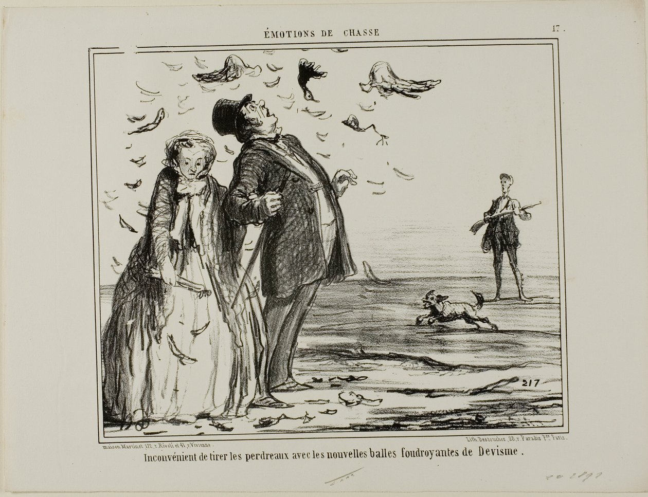 Het nadeel van schieten op jonge patrijzen met de nieuwe explosieve kogels van Devisme, plaat 17 uit Émotions De Chasse door Honoré Victorin Daumier