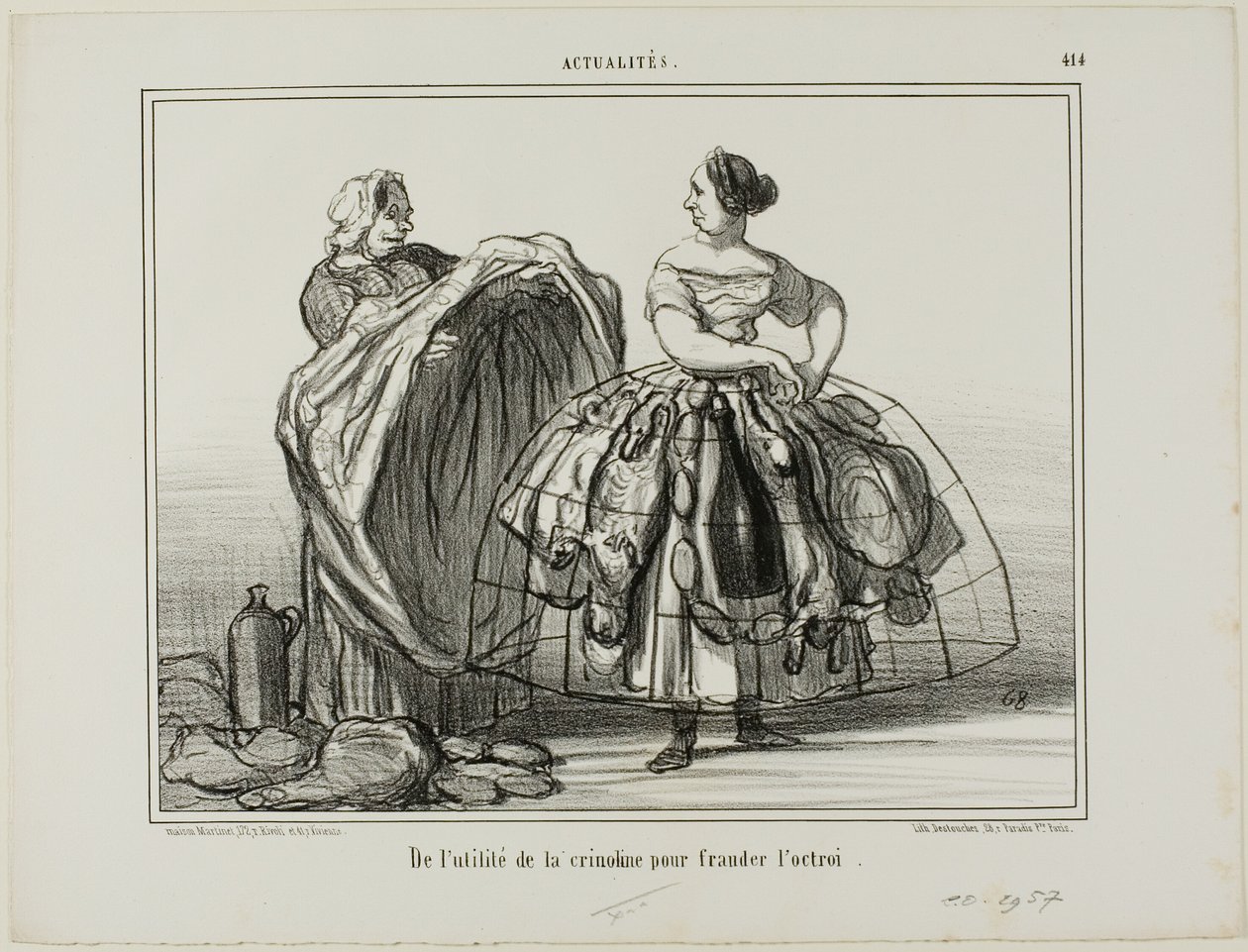 Het nut van de crinoline bij het bedriegen van de douane, plaat 414 uit Actualités door Honoré Victorin Daumier