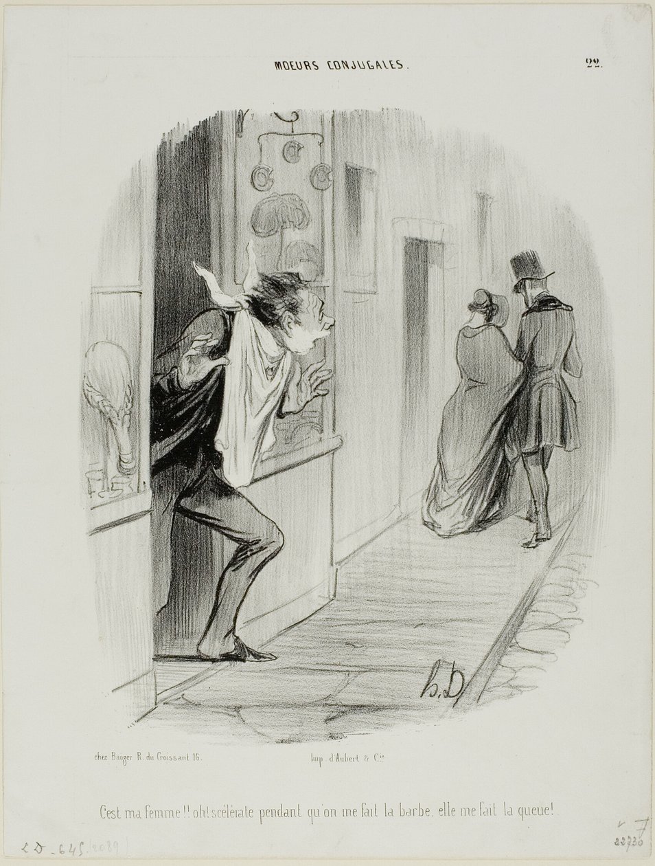 "Daar gaat mijn vrouw! Oh, de stakker, terwijl ik me scheer maakt ze een bedrieger van me!," plaat 22 uit Moeurs Conjugales door Honoré Victorin Daumier