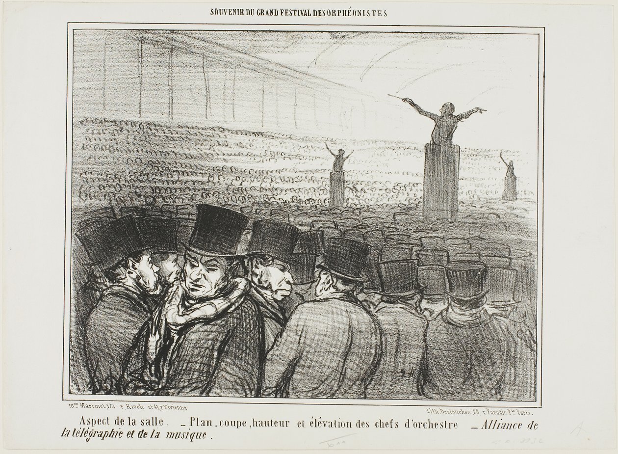 Zicht op de grote zaal. Plattegrond, hoogte en vooraanzicht van de dirigent. Grote alliantie tussen telegraaf en muziek, plaat 1 uit Souvenir Du Grand Festival Des Orphéonistes door Honoré Victorin Daumier